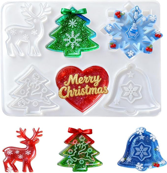 Christmas Resin Molds, Christmas Silicone Mold for Epoxy Resin, 6 Designs Ornament Mold with Xmas Tree Snowflakes Reindeer...