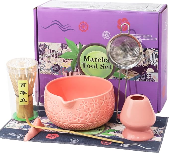 Matcha Whisk Set, 7Pcs Pink Matcha Kit for Ceremony, Handcrafted Gifts for Women, Traditional Ceramic Matcha Bowl with Spo...