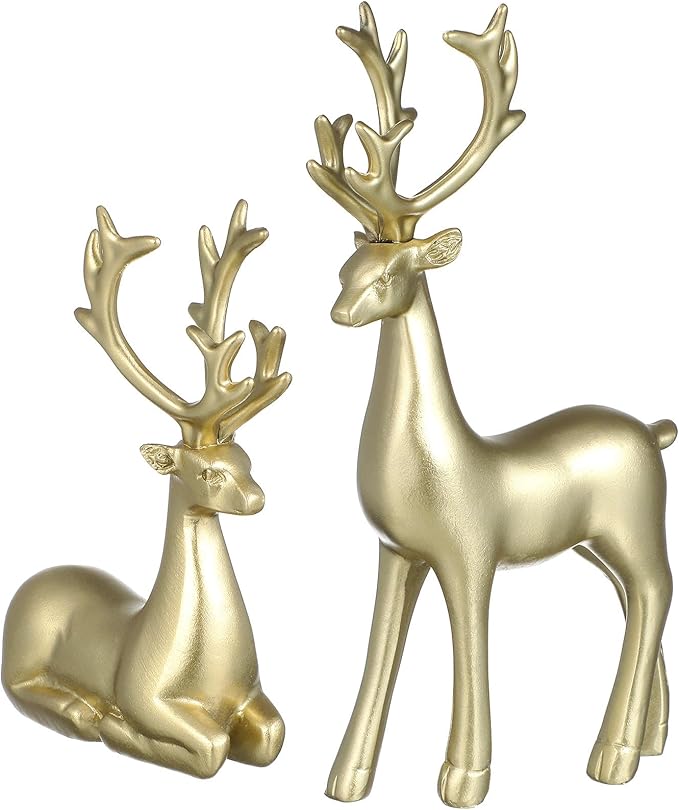 Ciieeo 2Pcs Decorative Resin Elk Craft Xmas Desktop Adornments Golden Reindeer Home Party Props for Holiday Tabletop Decor...