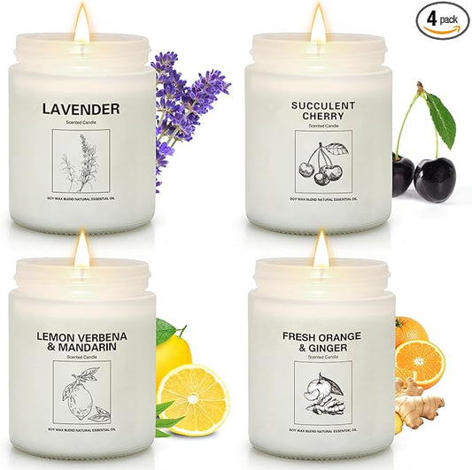 Soy Wax Scented Candle Gift Set, 4 Pack Lavender, Orange & Lemon Scents, Long Lasting Aromatherapy Candles for Home, Relax...