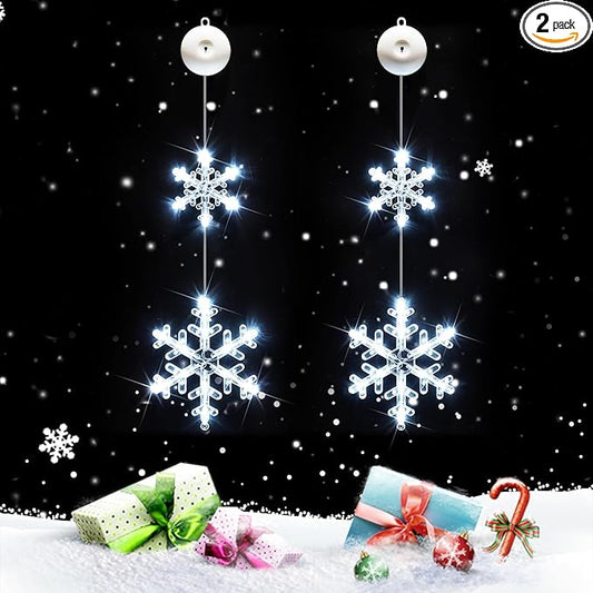suddus Christmas Window Lights Decorations, 2Pcs Battery Operated Snowflake Lights with Suction Cup, Timer & 2modes Hangin...