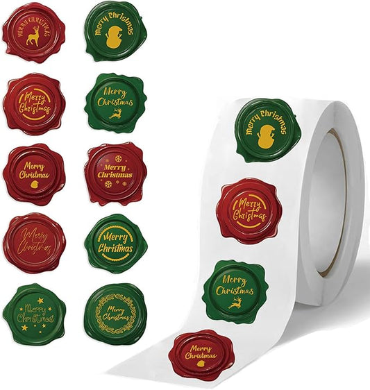 500 Pcs Christmas Stamp Roll Stickers, 1 Inch Self Adhesive Merry Christmas Decals Santa Snowflake Reindeer Designs Tag Se...