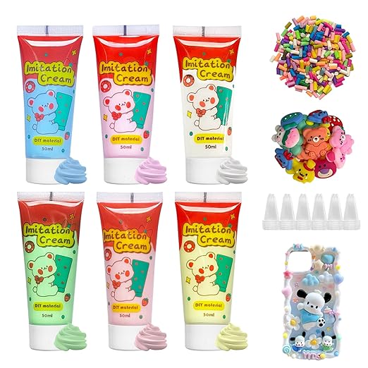 6Pcs Decoden Cream Kit, Simulation Fake Whipped Cream Glue, Deco Cream, Comes with 4 Packs of Resin Decorations and 6 Nozz...