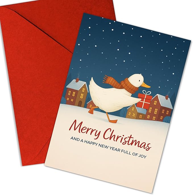 (5.3x8in) Cute Duck Christmas Card, Merry Christmas and Happy New Year Full of Joy, Handmade Holiday Greeting with Festive...
