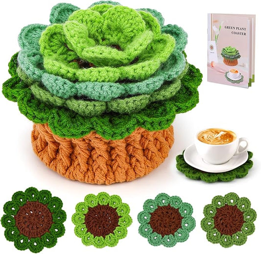 LUNARM Crochet Kit for Beginners, Crochet Start Kit Green Plant Coasters with Step-by-Step Video Tutorials, Easy-to-Learn ...