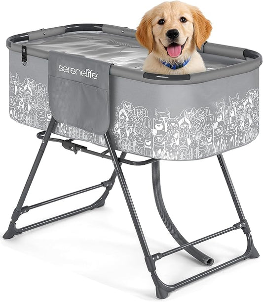 SereneLife Foldable Dog Bath Tub with Adjustable Height, 360° Access, Drain Hose & Storage Pockets – 130 lb Capacity Groom...