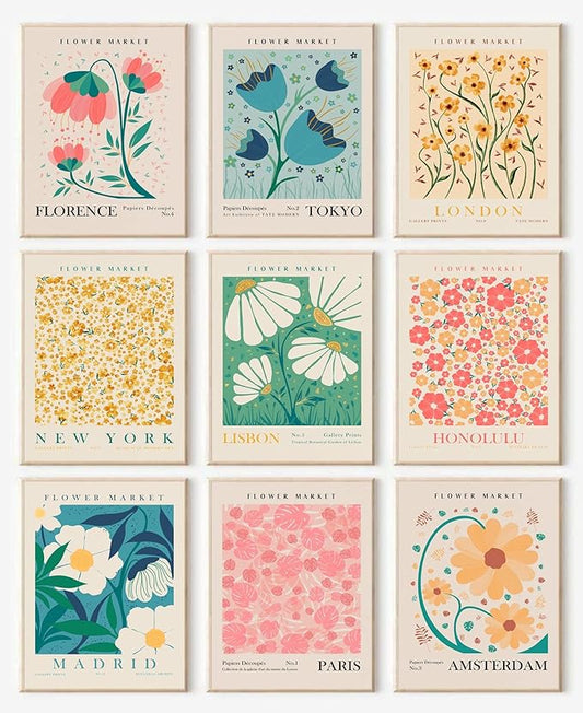 Flower Market Poster Set of 6, Abstract Flower Market Wall Art Prints, Vintage Colorful Floral Wall Art Decor, Boho Room D...