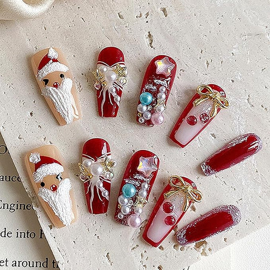 Santa Claus Press on Nails Long Square Christmas Fake Nails with 3D Star Bow Charm Designs Red Full Cover Handmade Holiday...