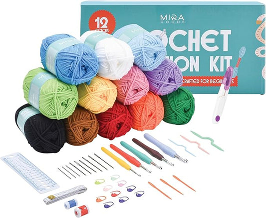 Mira HandCrafts Crochet Kit for Beginners - Essentials Set with 12 Acrylic Yarn Skeins and Other Knitting Accessories, Inc...