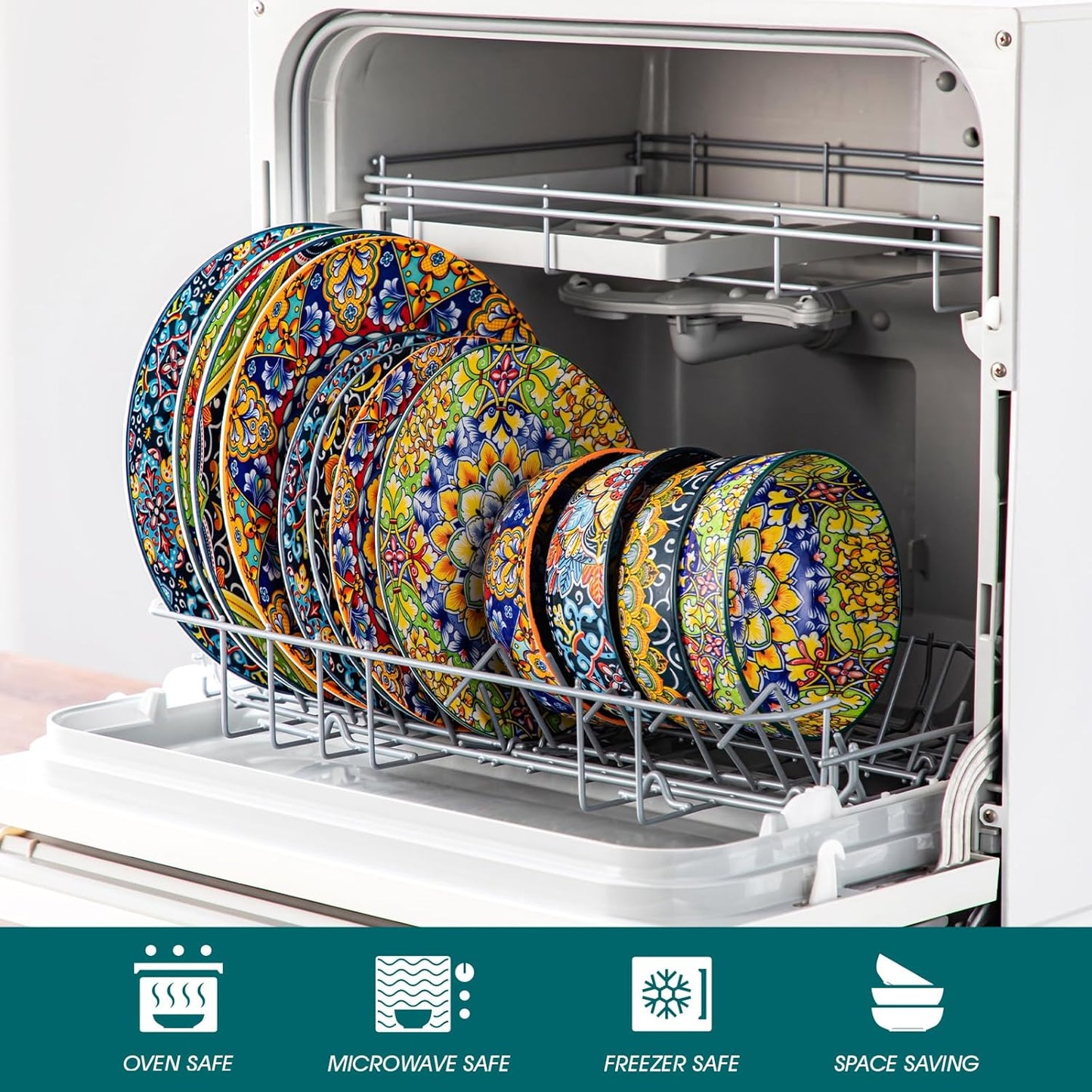 12 Pieces Dinnerware Sets, Plates and Bowls Set, Porcelain Dishes Set for 4, Microwave and Dishwasher Safe, Scratch Resistant, Bohemian Style Dining Ware Service for 4, Series SIMI