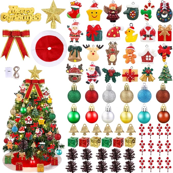 Celltestria 75Pcs Mini Christmas Tree Decorations kit Tiny Xmas Ornaments Miniature Resin Hanging Ornaments Small Tree Ski...