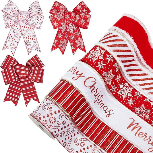Hollyone Christmas Ribbon Wired 6 Rolls 30 Yards Red and White Christmas Ribbons Snowflake Candy Cane Ribbon Set for Chris...