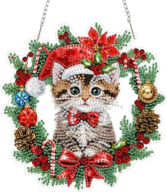 CEOVR Christmas Cat Hanging Diamond Art Kits for Adults, Christmas Wreath Special Shape Diamond Painting, Winter DIY Gem A...