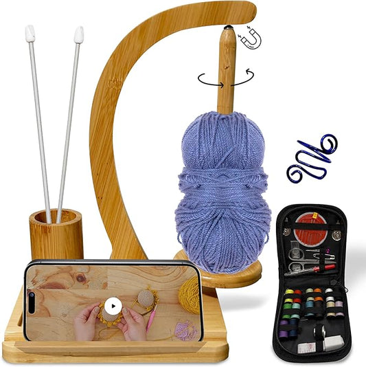 KOMOVAX Wooden Yarn Holder with Sewing Kit & Crochet Ring – Portable Yarn Spinner for Crocheting, Knitting & Yarn Organiza...