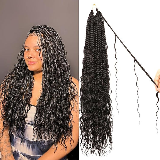Goddess Box Braids Crochet hair -24 Inch 9 Packs Water Wave Boho Crochet Braids for Black Women (1B#, 24 Inch (Pack of 9))