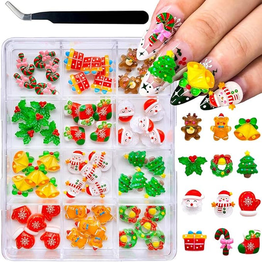 12 Grid Christmas Nail Charms 3D Nail Art Craft Resin Charms Santa Claus Snowman Reindeer Bell Cute Nail Design Xmas Acryl...