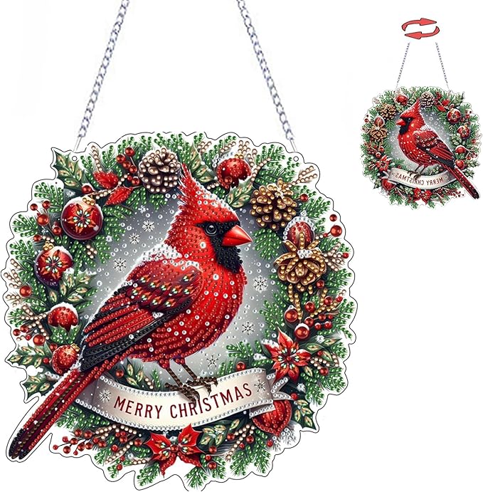 Diamond Art Kit for Adults Christmas Cardinal Special Gem Two-Sided Pattern Design Diamond Art Hanging Pendant Wreath Kit ...