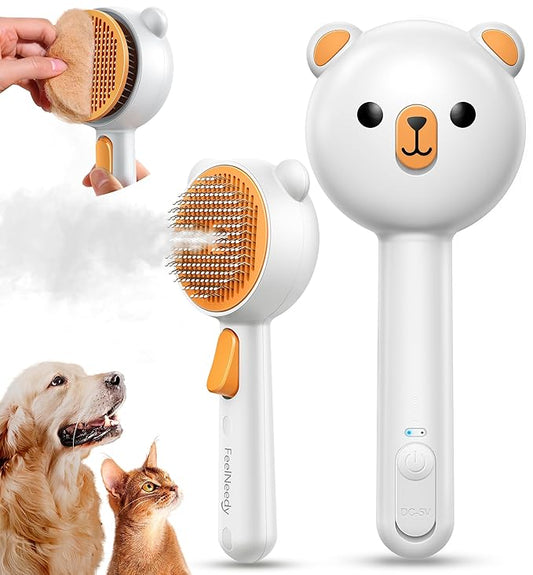 Pet Steam Brush for Dogs & Cats , Brushes for Indoor Cats with Release Button, Dual Speed Spray USB Rechargeable Grooming ...