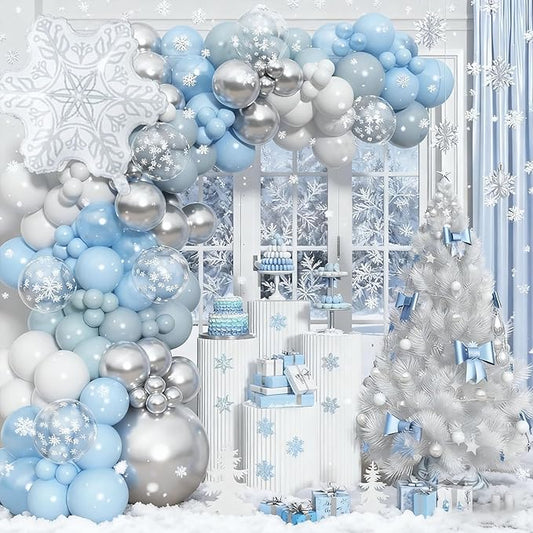 HILAVO Snowflake Balloon Arch kit, 128PCS Blue Silver White Balloon Garland with Snowflake Foil Balloons for Winter Wonder...