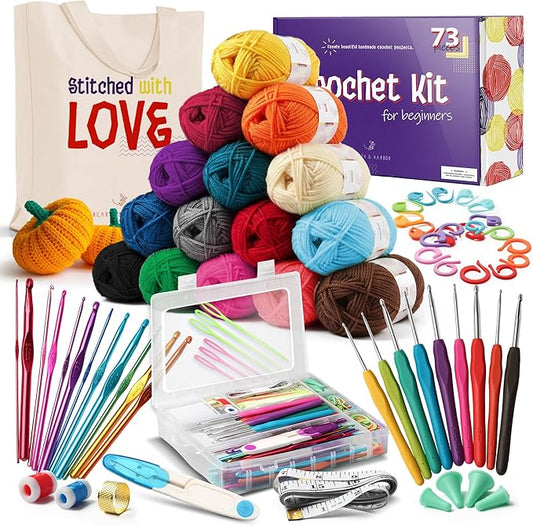 Crochet Kit for Beginners Adults and Kids, 73 Piece Knitting & Crochet Supplies Includes 1500 Yards Assorted Yarn, 21 Ergo...