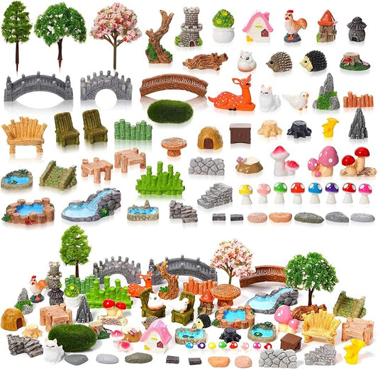 GGSTDDUP 65 Pcs Fairy Garden Accessories Mini Resin Animals Figures Miniature Table and Chairs Bridge Mushroom Pond Fence ...