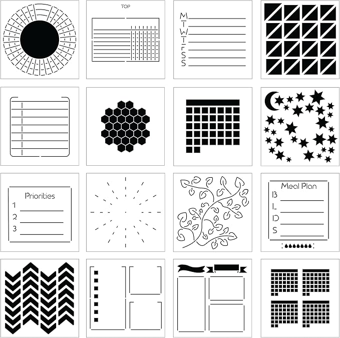 Portable Planner Stencils - x16 Small Square Journal Stencils with Templates for Habit Trackers, Calendars, Checklists, Me...