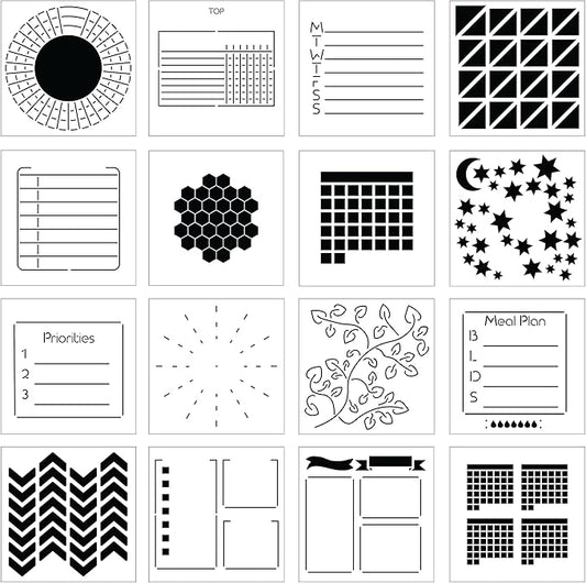 Portable Planner Stencils - x16 Small Square Journal Stencils with Templates for Habit Trackers, Calendars, Checklists, Me...