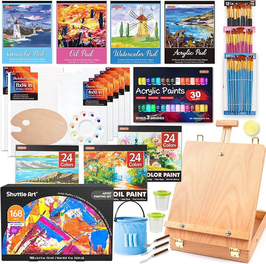 Shuttle Art 168 Pcs Artist Painting Kit, Deluxe Art Kit with Paint, Wooden Easel, Canvases, Paper Pads, Brushes and Other ...