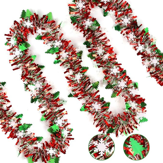 LOAVER 33 FT Christmas Tinsel Garland with Snowflake Christmas Tree,Green Red Metallic Tinsel Twist Garland Shiny Hanging ...