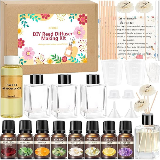 JUYRLE Reed Diffuser Making Kit- DIY Flower Reed Diffuser Set for Home with Essential Oil, Sticks, Glass Bottle, Air Fresh...