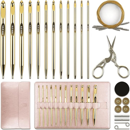 27Pc Gold Plated Tunisian Crochet Hooks Set 3mm-10mm, Interchangeable Aluminum Crochet Hook with Cable, Long Crochet Hooks...