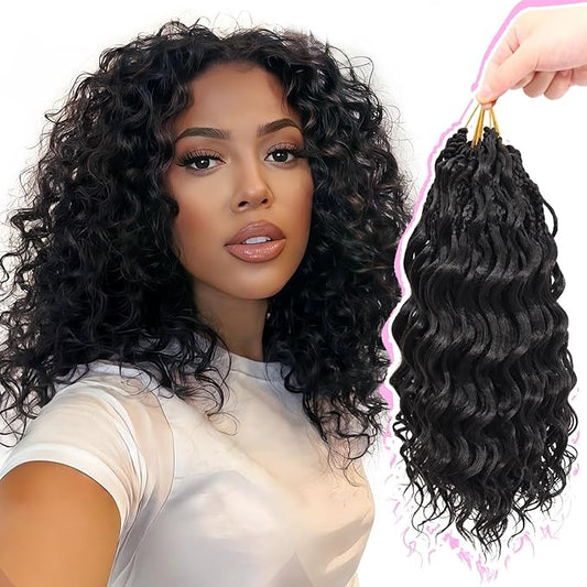 Gowit Pre Looped Deep Wave Crochet Hair 12 Inch 7 Packs Short Curly Black Pre Twisted Ocean Wave Deep Twist Crochet Braids...