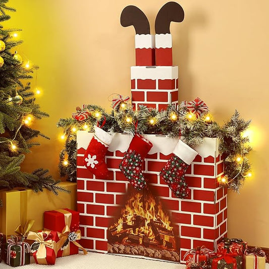 Quzzil Christmas Santa Claus Fireplace Chimney Cardboard Giant Red Brick Cardboard 3D Fireplace Fake Centerpiece for Chris...