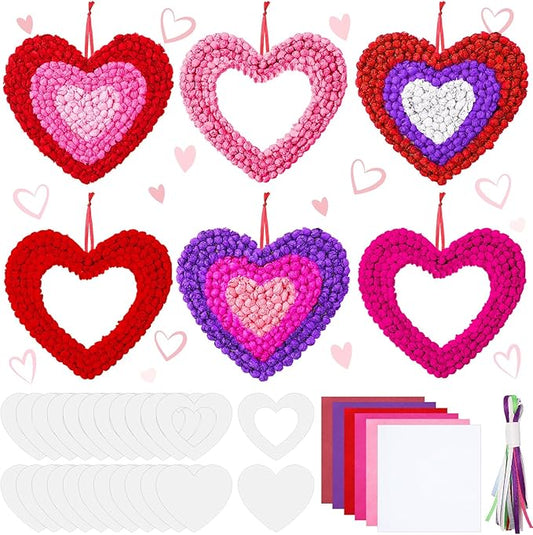 Jetec 24 Sets Valentine's Day Heart Paper Craft Kits Heart Shaped Art Kit with Pom Poms Tissue Wreath DIY for Home Party F...