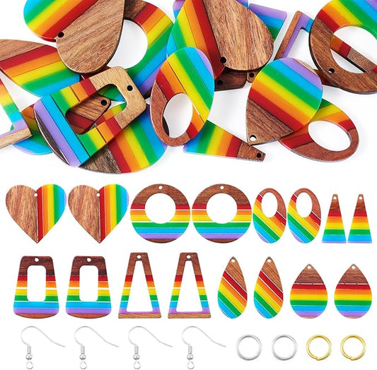 Cheriswelry 8 Pairs Walnut Wood Earring Kit Rainbow Earring Pendants Wooden Resin Charms Hang Ornament Earring Hooks Jump ...
