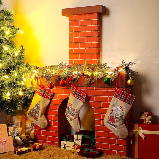 Watersay Christmas Fireplace Chimney Cardboard Giant Red Brick Cardboard 3D Fireplace Fake Centerpiece for Christmas Party...