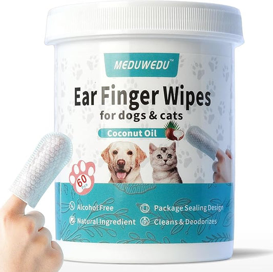 MEDUWEDU Ear Cleaner Finger Wipes 60 Counts, Dog Ear Cleaner, Grooming Kit Care for Dogs and Cats, Soft & Easy Otic Cleani...