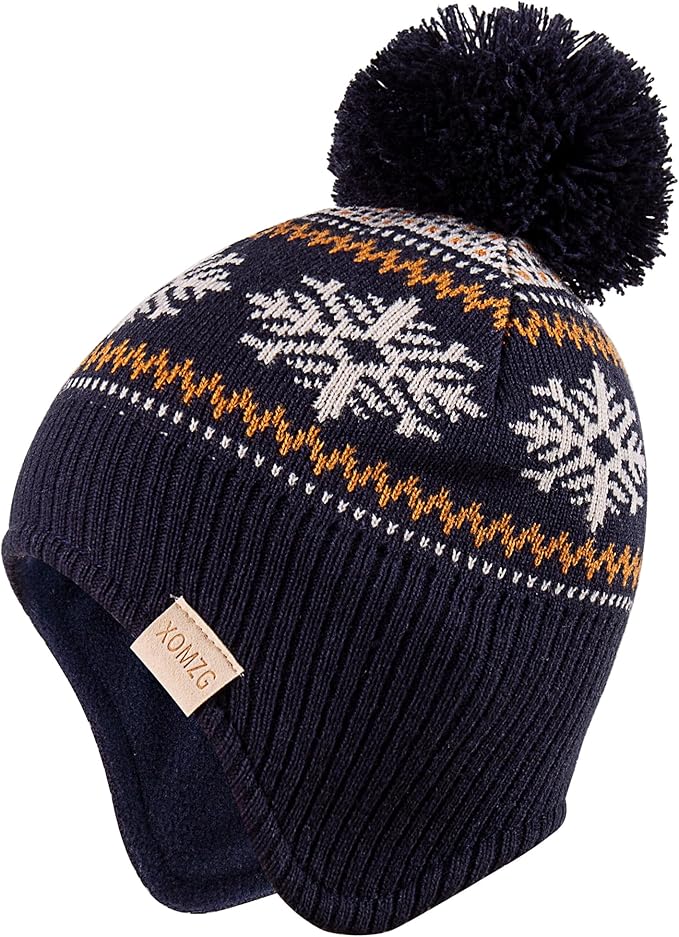 Beanie Knit Hats for Toddlers with Earflap Fleece Lined Hat Kids Warm Winter Hat Scarf Set Children's Thick Ski Cap