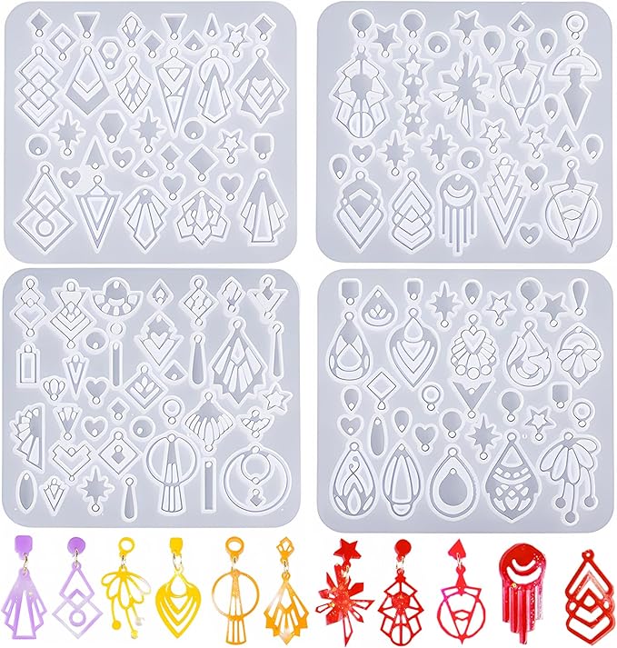 (4 Pack) Resin Earring Molds,Silicone Jewelry Mold with Hole, Variety Shape Geometric Resin Jewelry Molds for DIY Earrings...