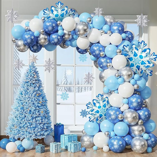 Winter Wonderland Decorations Balloon Arch Kit with Snowflake Balloons- 129Pcs White Blue Silver Balloons for Baby Shower&...