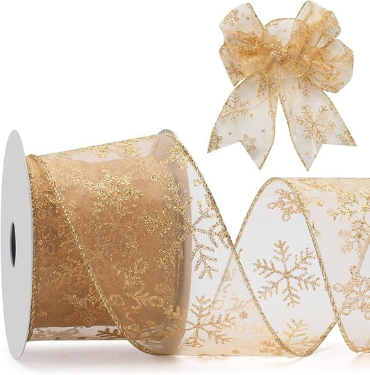 Gold Sheer Organza Wired Ribbon with Gold Glitter Snowflake Pattern, 2.5 Inch x 20 Yards Snowflake Glitter Ribbon for Chri...
