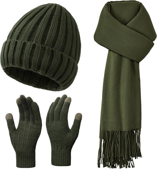 Winter Hat Beanie Long Scarf Touchscreen Gloves Set, 3Pcs Soft Thick Fleece Lined Gloves Skull Cap Scarf Set for Women Men