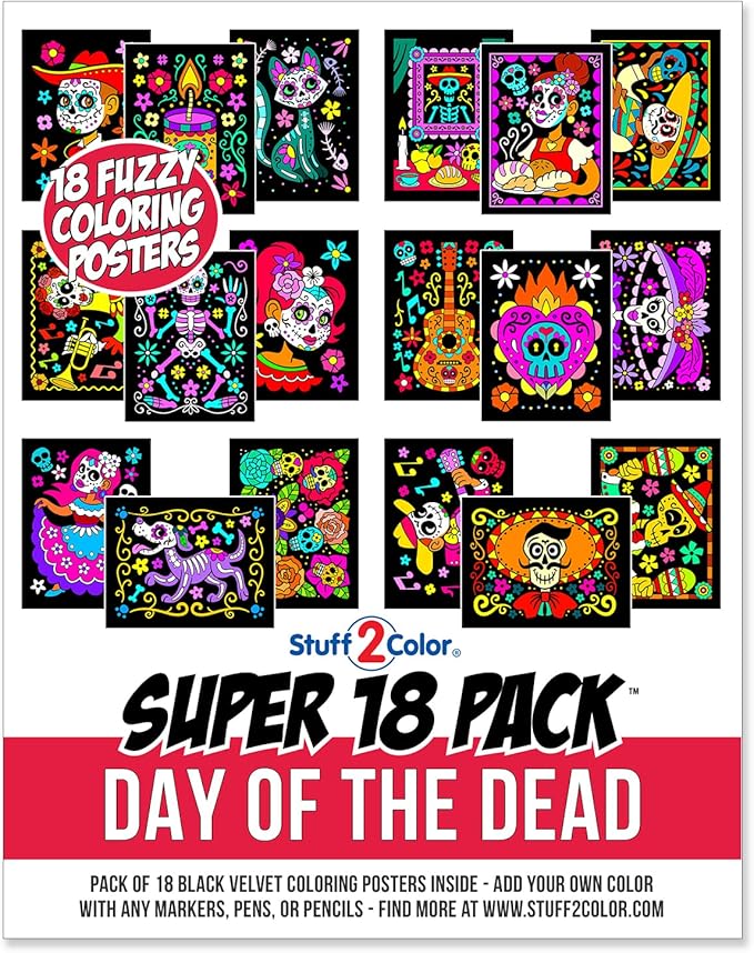 Super Pack of 18 Fuzzy Velvet Coloring Posters (Kids Themed - Day of the Dead) - Halloween and Dia de Los Muertos Coloring...