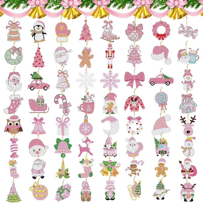 Hungdao 64 Pcs Christmas Diamond Art Ornaments Kits Xmas Diamond Art Kits for Adults Santa Claus Snowman Xmas Tree 5D Wint...