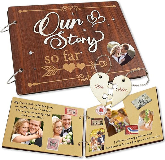 1 Year Our Story So Far Anniversary Scrapbook, Anniversary Wooden Couples Photo Album,Wooden Scrapbook Craft Kit,Memory Pi...