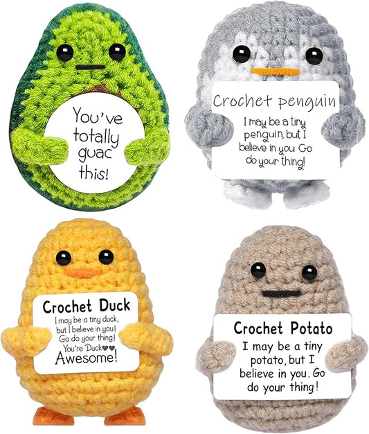 Goaanz Mini Positive Crochet Animals Gifts with Positive Card, 4PCS Cute Funny Emotional Support Crochet Inspirational Bir...