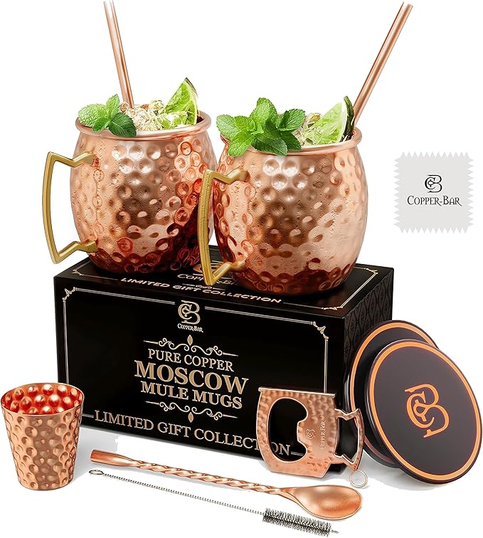 COPPER-BAR Moscow Mule Copper Mugs - Unique HANDCRAFTED Gift Set of 2, Hammered by Artisan, 100% Pure Solid Copper Cups 16...