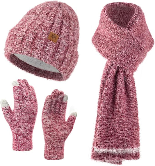 Trifabricy Winter Hat Scarf Gloves Set for Women, Thermal Beanie with Fleece Lining, Thickened Scarf, Touchscreen Gloves