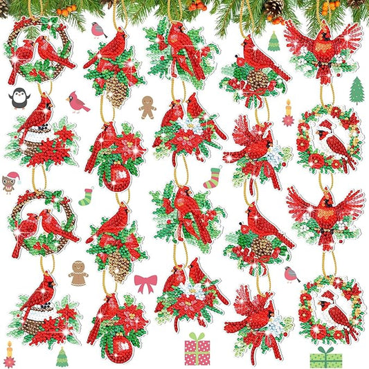 Skylety 20 Pcs Winter Diamond Art Ornaments Cardinal Bird Diamond Painting Kit for Adult 5d DIY Gifts Wrap Tags with Rope ...