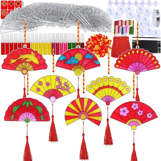 Winlyn 24 Sets Chinese New Year Decorations DIY Fan Suncatcher Ornaments Craft Kits Fan Painting Kits for Kids Asian Vietn...